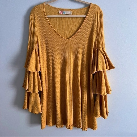 Free People Beach Golden Mustard Ribbed Ruffle Sleeves Oversized Tunic Top XS - Picture 2 of 10